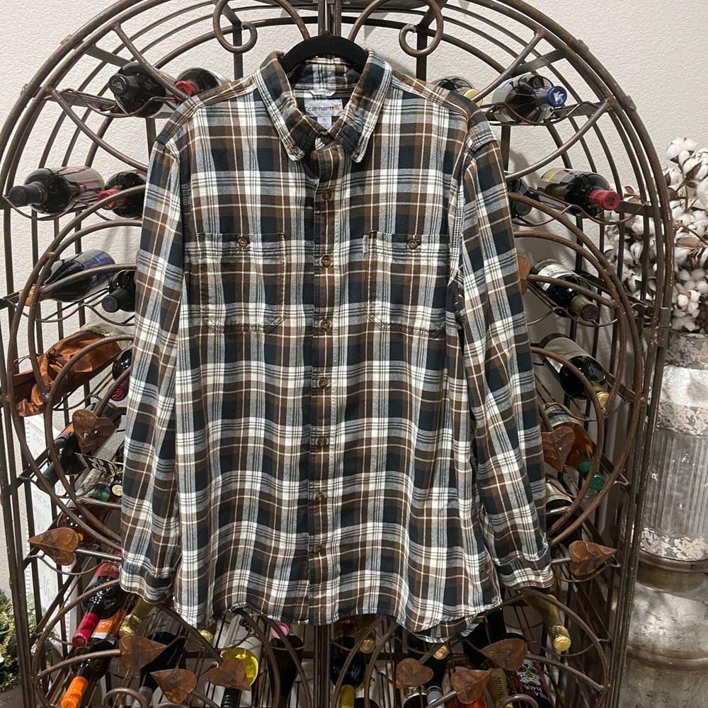 Men’s Carhartt Brown and White Plaid Flannel Casual Shirt XLrg Tall